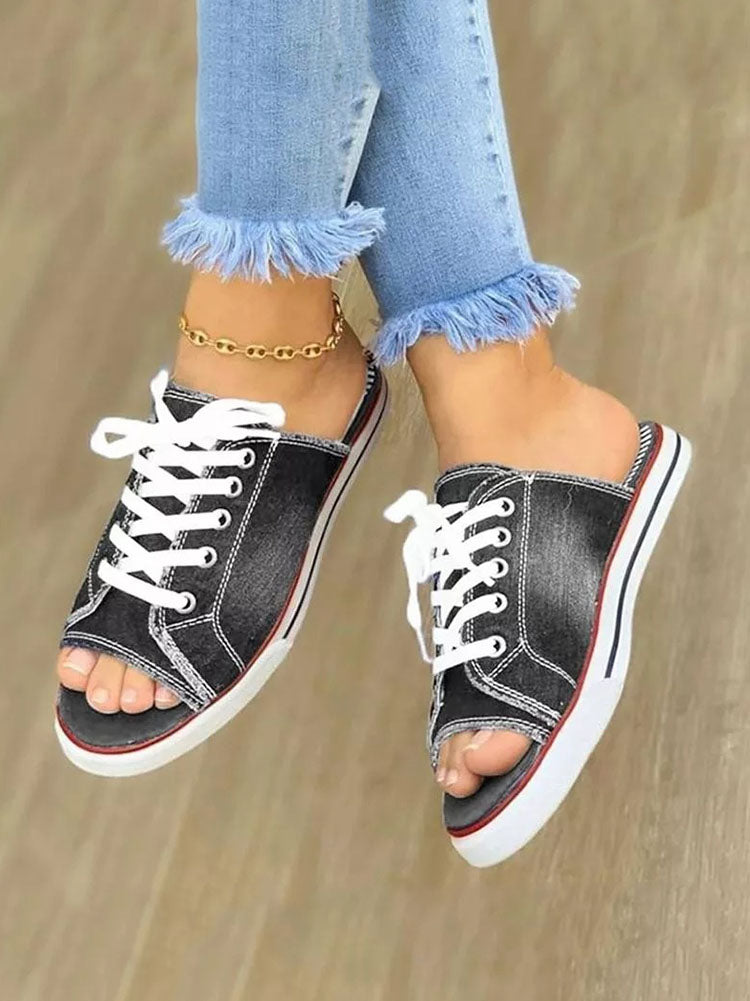 Lace Up Denim Flat Slippers Dark Blue / 10.5/11