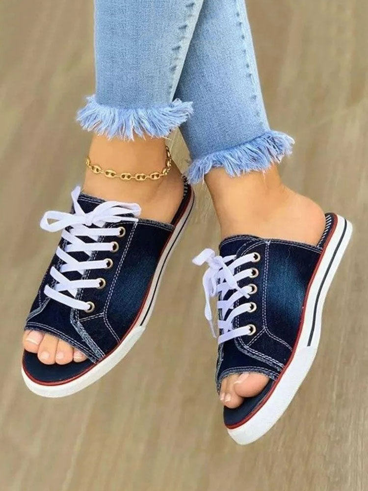 Lace Up Denim Flat Slippers Light Blue / 9/9.5