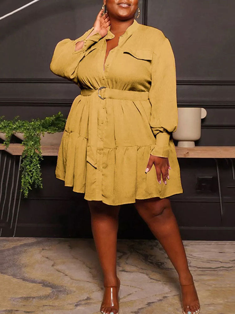 Ruffle Hem Belted Dress Blue / 2XL