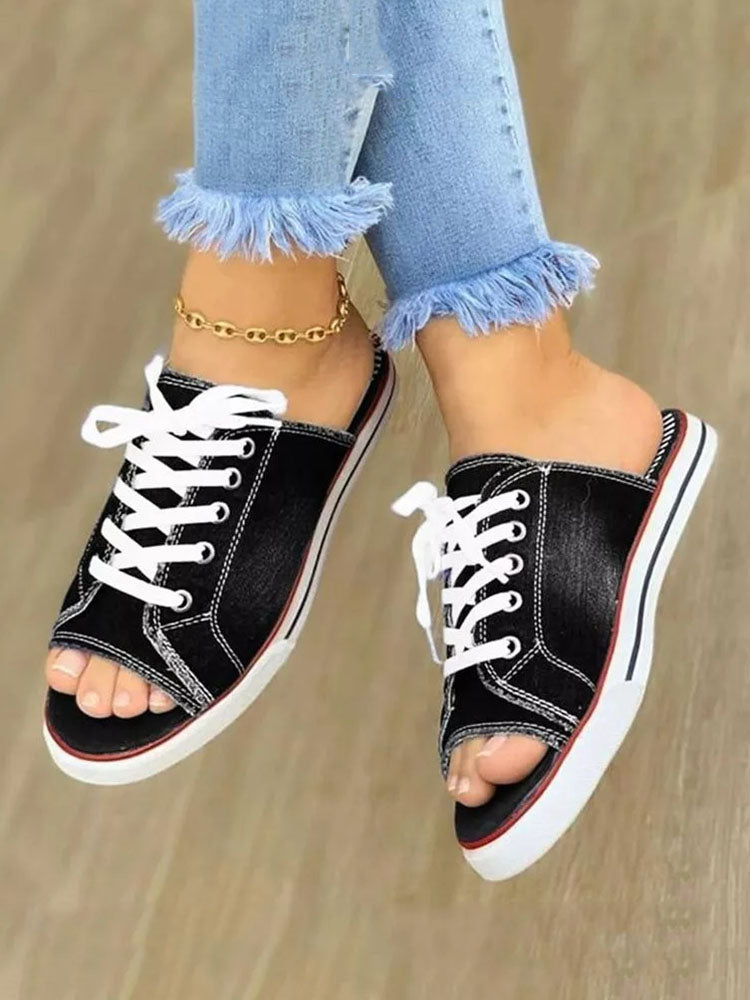Lace Up Denim Flat Slippers Dark Blue / 10