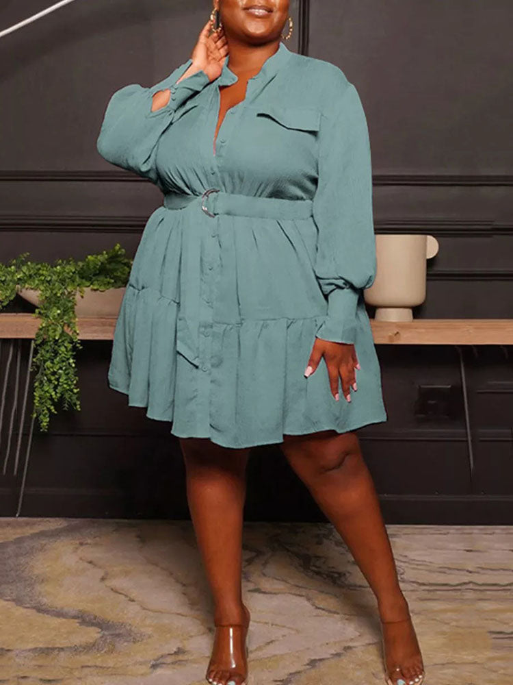 Ruffle Hem Belted Dress Blue / 4XL