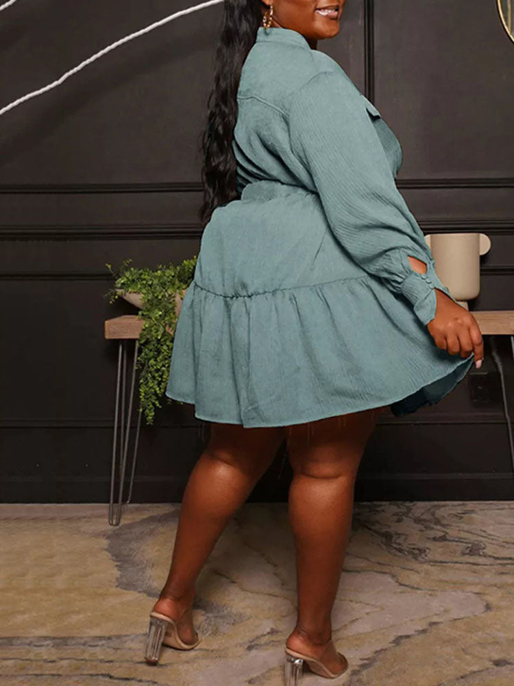 Ruffle Hem Belted Dress Yellow / 5XL