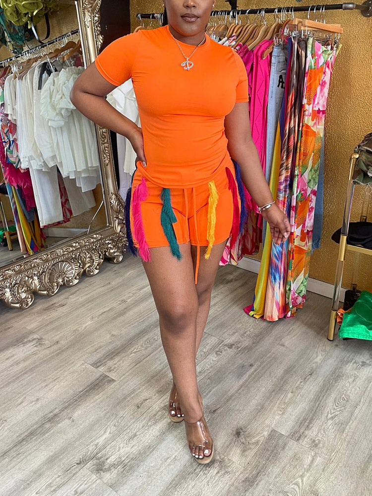 Colorful Fringe Shorts Set Orange / L