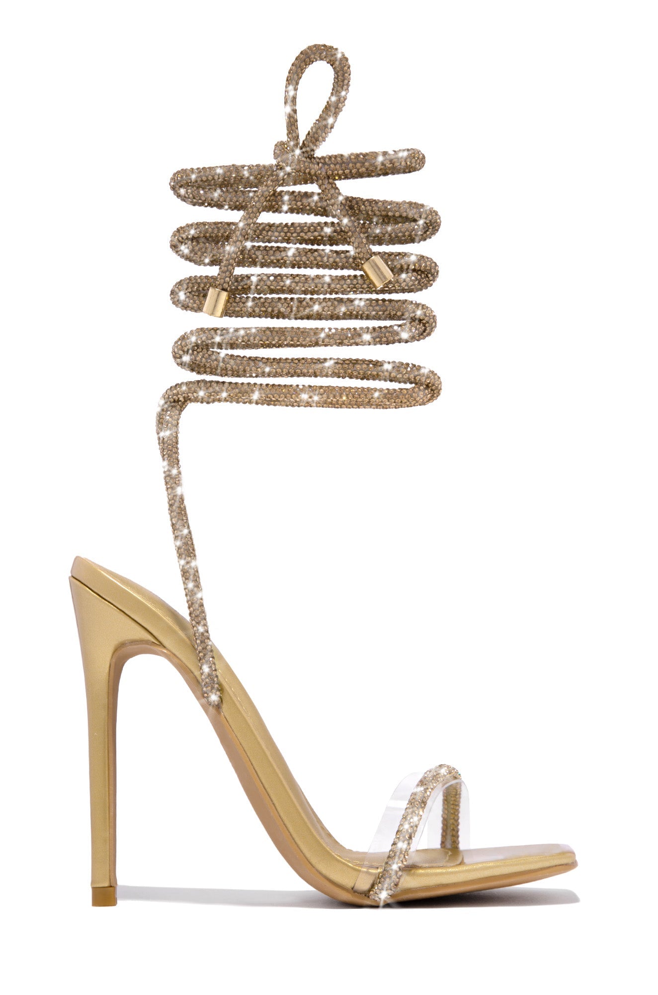 Rhinestone Ankle-Wrap High Heel Sandals Gold / 6.5/7