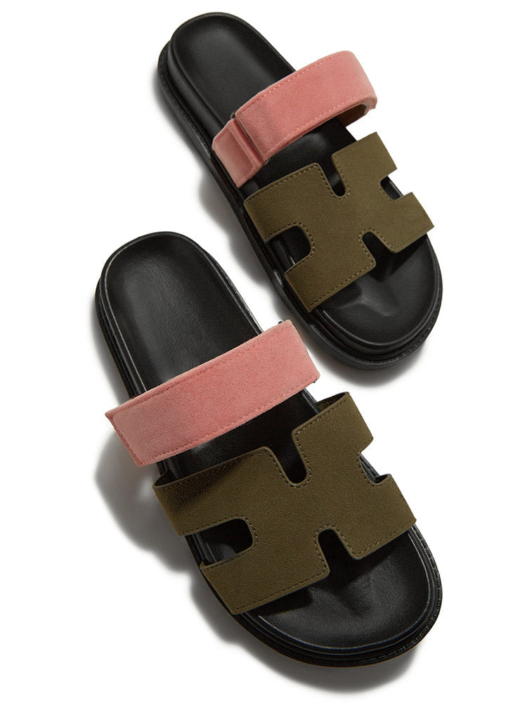 Velcro Strap Flat Sandals Olive Green / 5/5.5