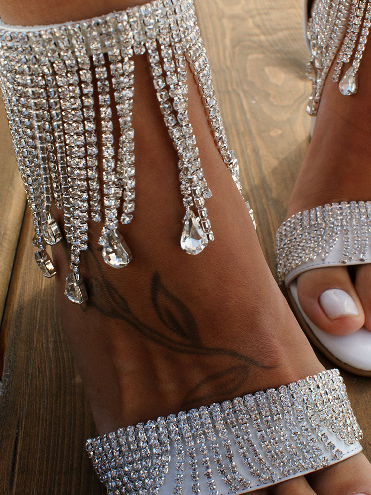 Tassel Rhinestone Party Heels White / 10.5/11