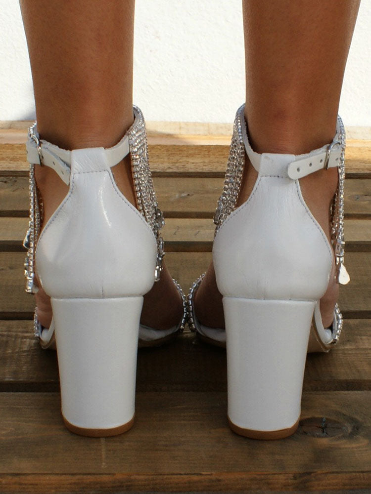 Tassel Rhinestone Party Heels White / 10