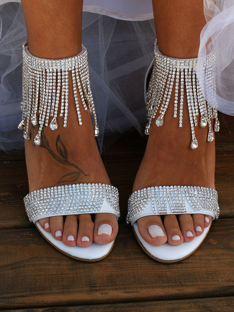 Tassel Rhinestone Party Heels White / 7.5/8