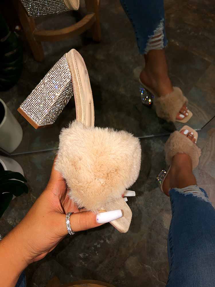 Rhinestone Chunky Heel Furry Sandal Apricot / 6.5/7