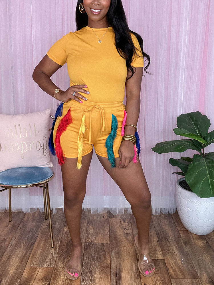 Colorful Fringe Shorts Set Black / 2XL