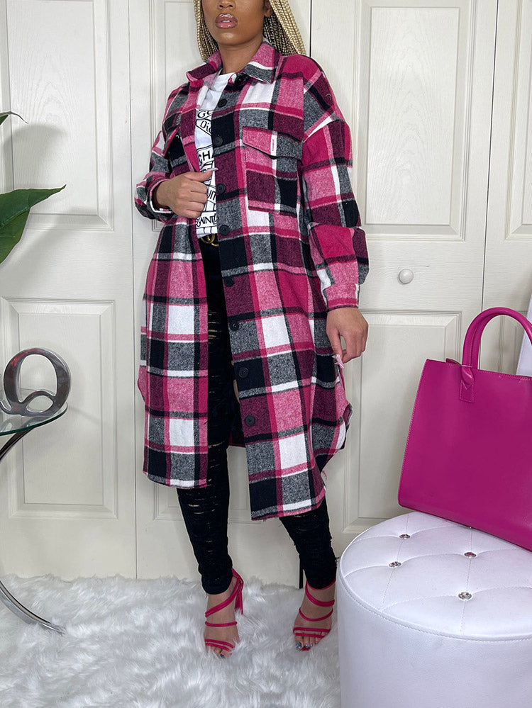Flannel Pocket Plaid Cardigan Rose / 2XL