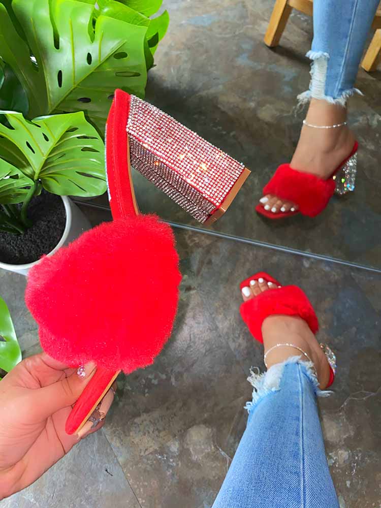 Rhinestone Chunky Heel Furry Sandal Apricot / 9/9.5