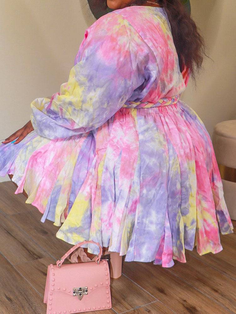 Women's Tie Dye With Belt V Neck Dress Red / XL
