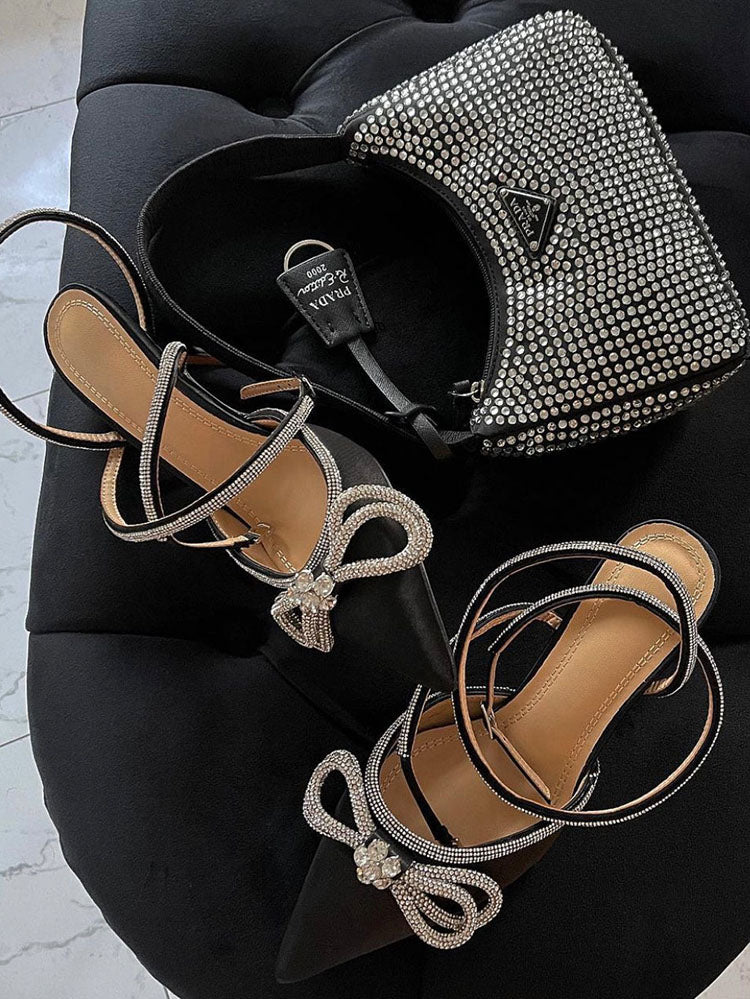 Rhinestone Bowknot Heel Pumps Black / 8.5