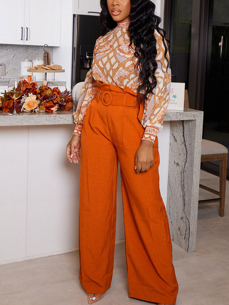 Solid Belt Wide Leg Pants Orange / L