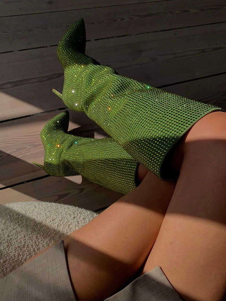 Crystal-Embellished Suede Boots Green / 6