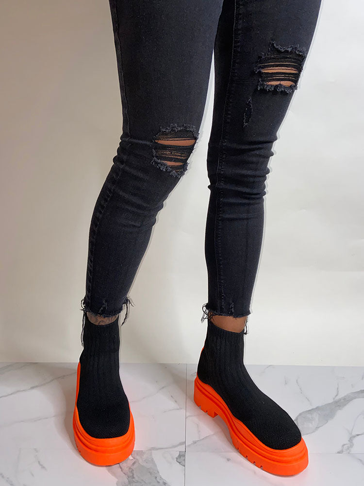 Platform Round Toe Knit Boots Green / 10