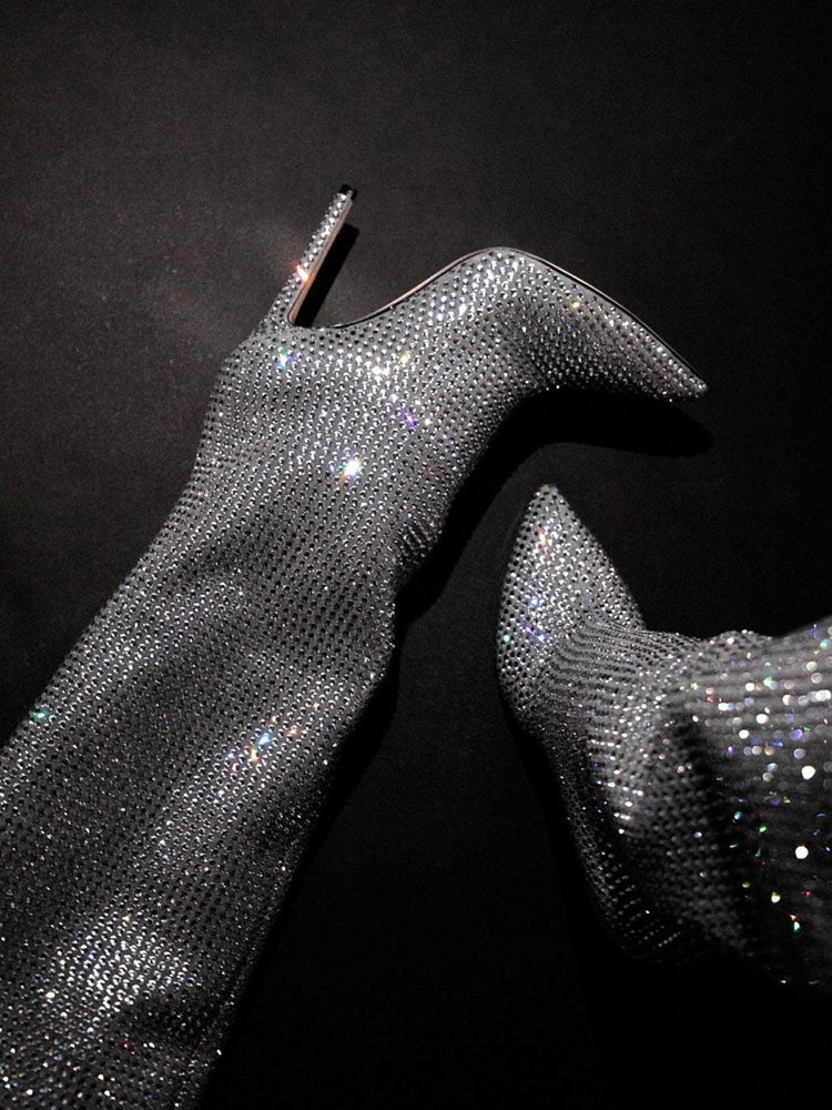 Crystal-Embellished Suede Boots Silver / 9/9.5