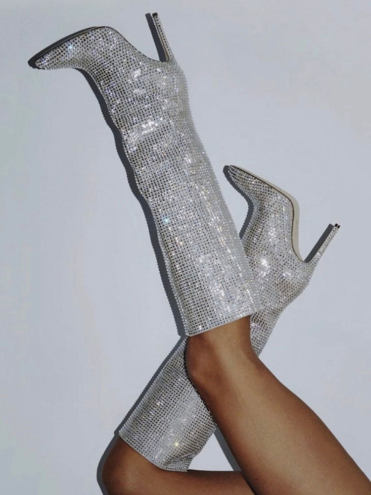 Crystal-Embellished Suede Boots Silver / 7.5/8