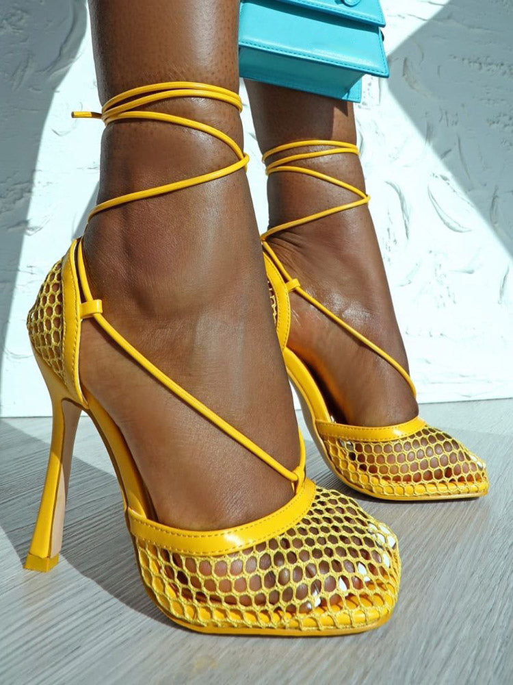 Square Toe Mesh Wrap Pumps Yellow / 10