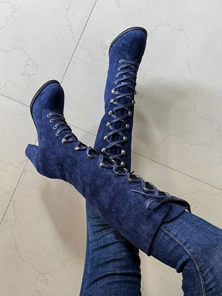 Suede Lace-Up Knee Boot Blue / 6.5/7