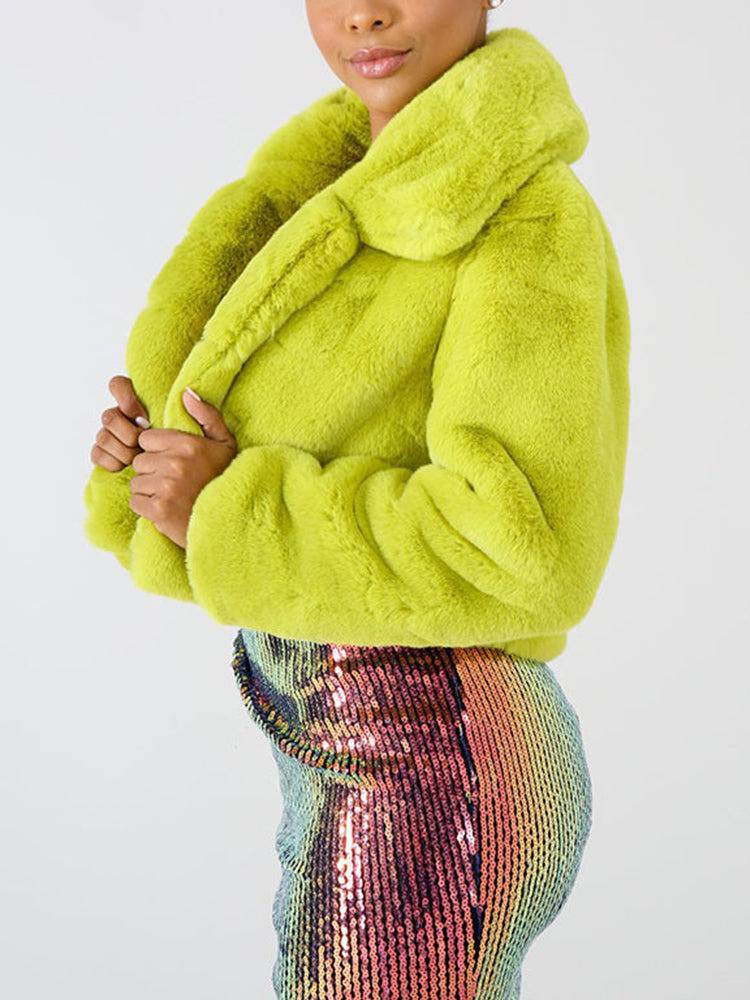 Solid Color Faux Fur Jacket Rose Red / L