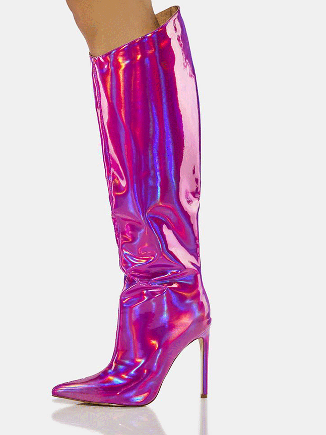 Leather Stiletto Heeled Shiny Boots Rose / 6