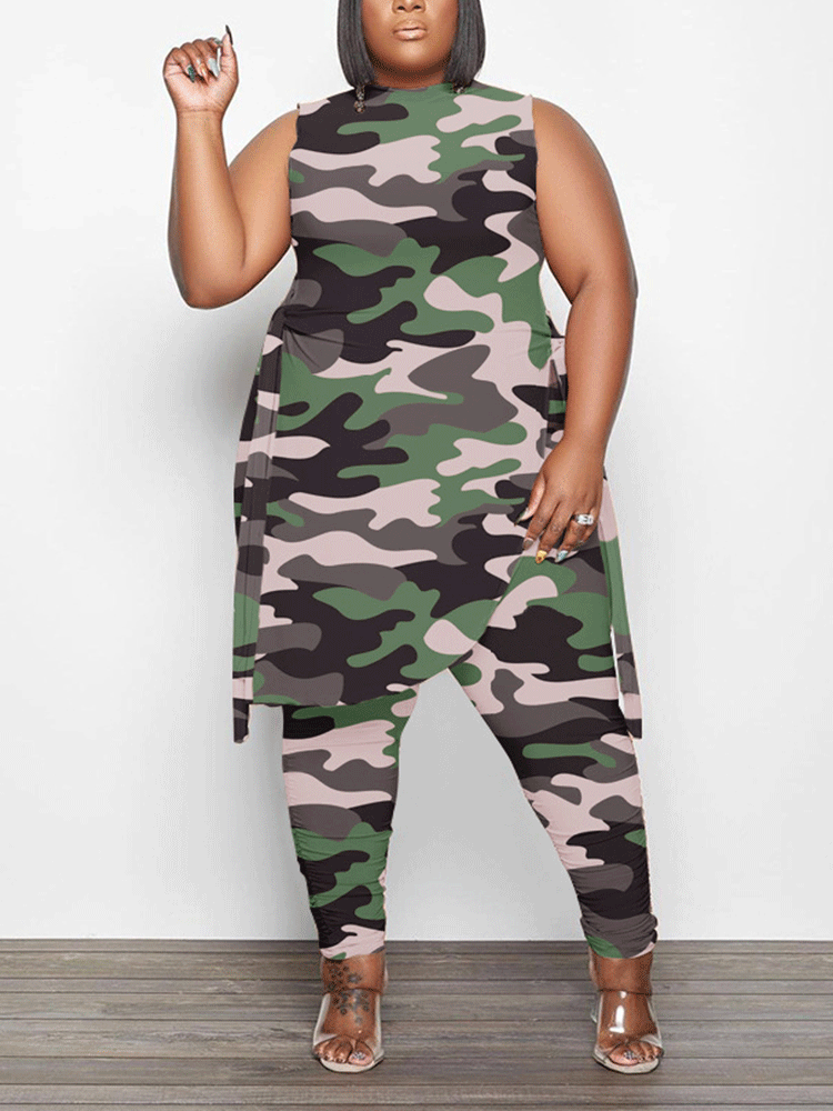 Camouflage Print Sleeveless Irregular Set Camo Blue / 5XL