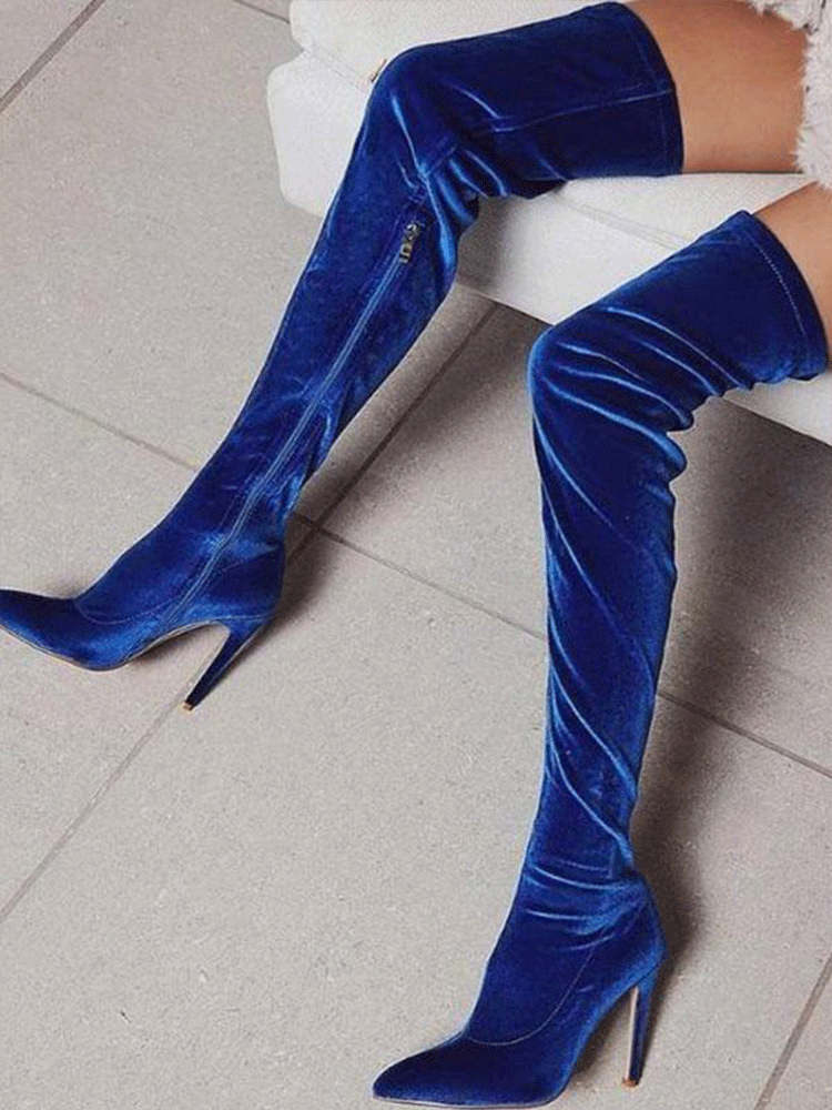 Velvet Pointed Toe High Heels Boots Green / 4/4.5