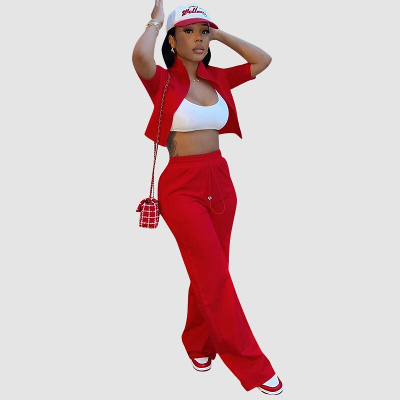 Lapel Short Sleeve Top & Drawstring Waist Pant Set Red / L