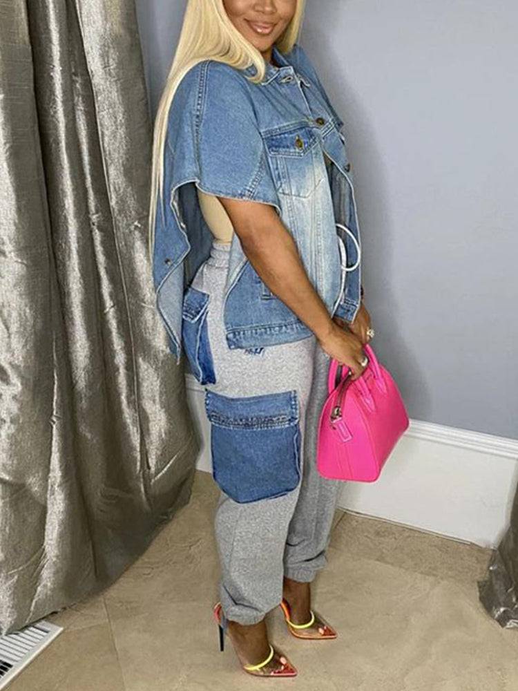 Irregular Button Denim Coat Blue / 3XL