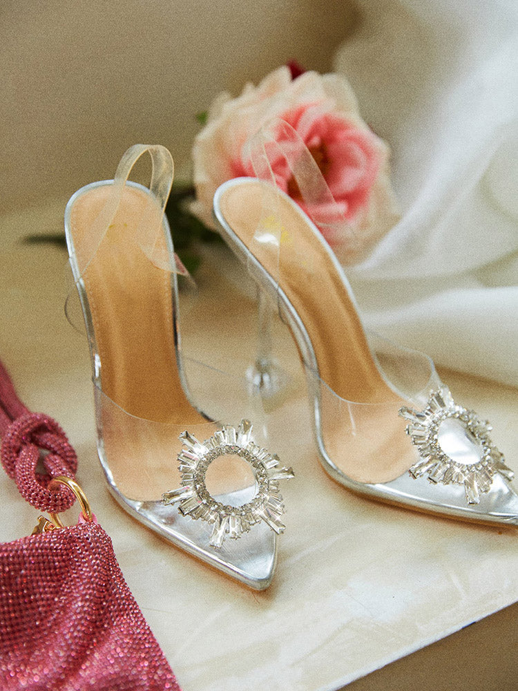 Rhinestone Pointed Toe Heel Sandals Silver / 6
