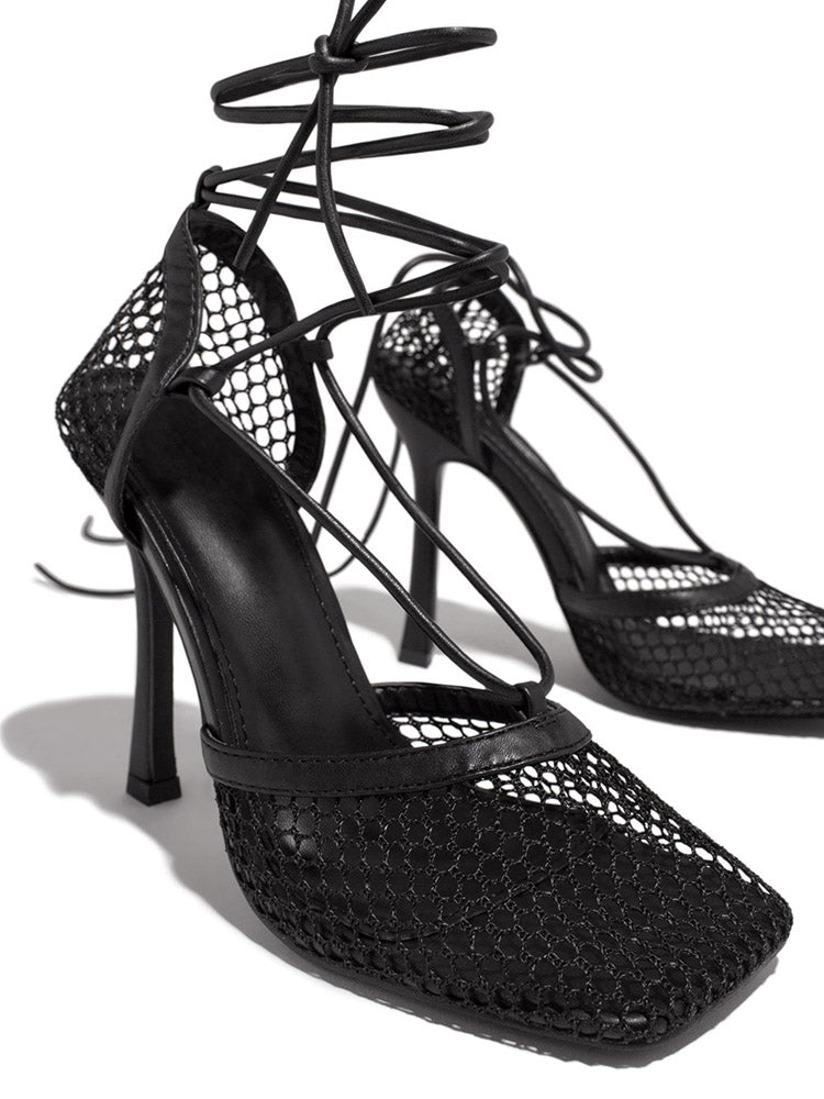 Square Toe Mesh Wrap Pumps Red / 6.5/7