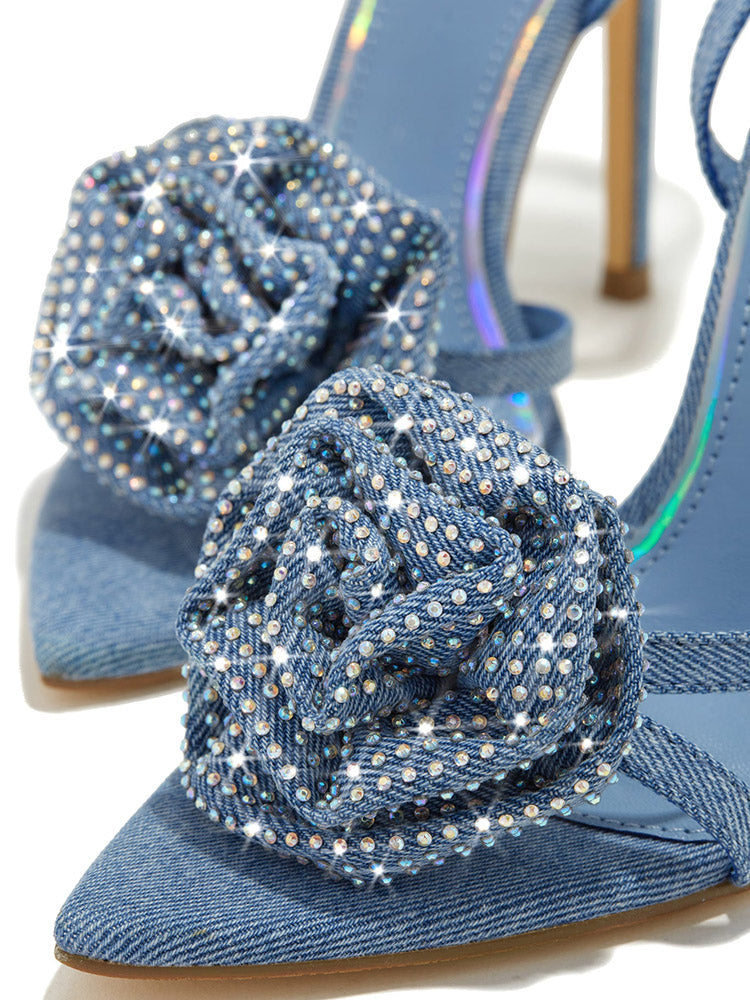 Rhinestone Rose Heels Denim Blue / 10