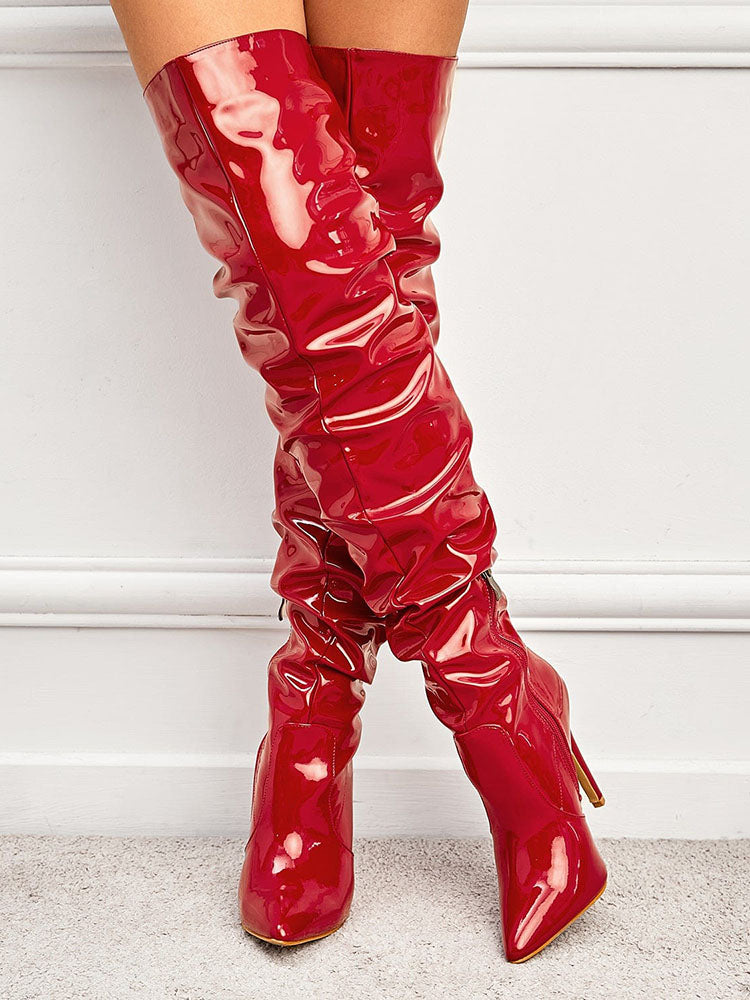 PU Pointed Toe Over The Knee Boots Red / 5/5.5