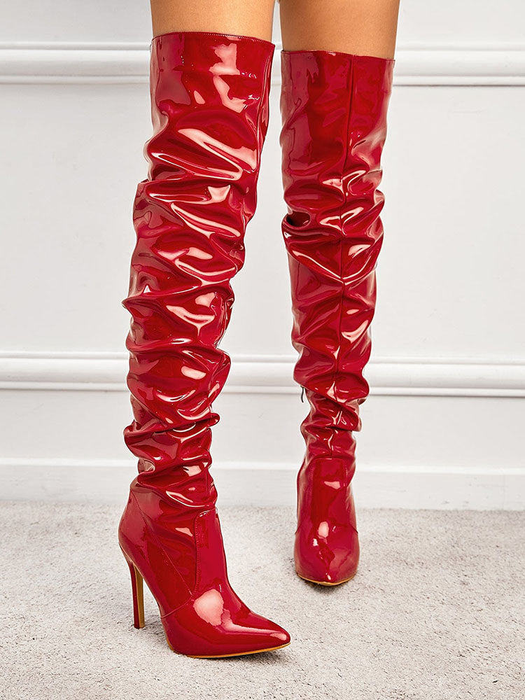 PU Pointed Toe Over The Knee Boots Red / 6