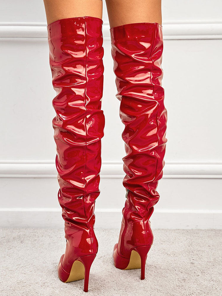 PU Pointed Toe Over The Knee Boots Red / 7.5/8