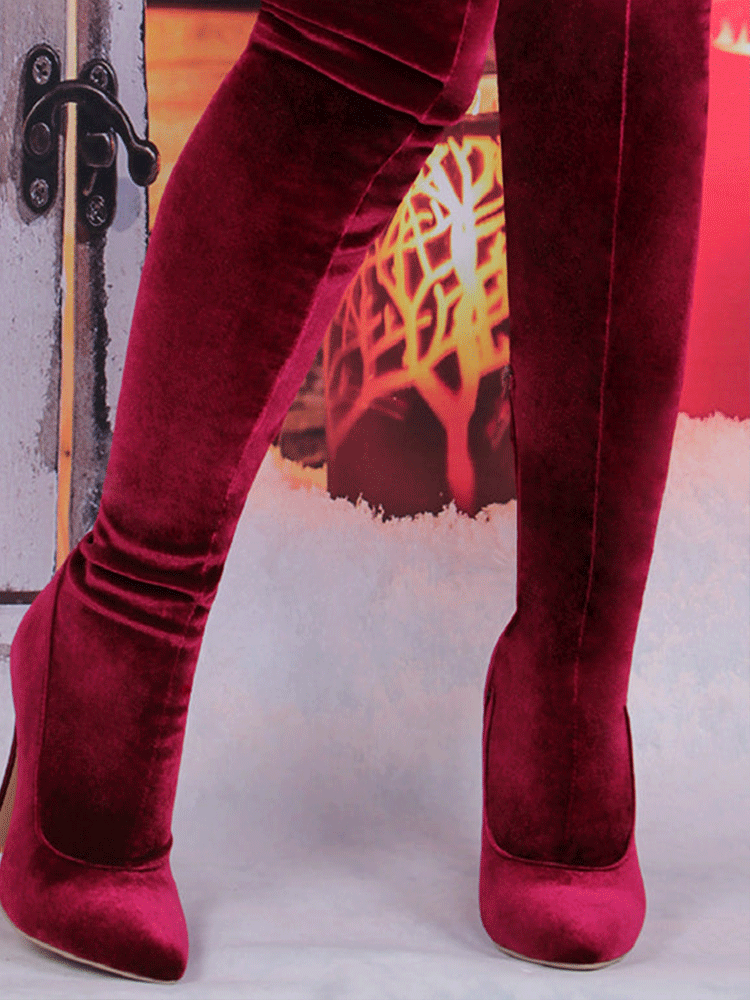 Velvet Pointed Toe High Heels Boots Red / 6