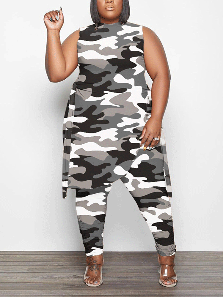 Camouflage Print Sleeveless Irregular Set Camo Green / 3XL