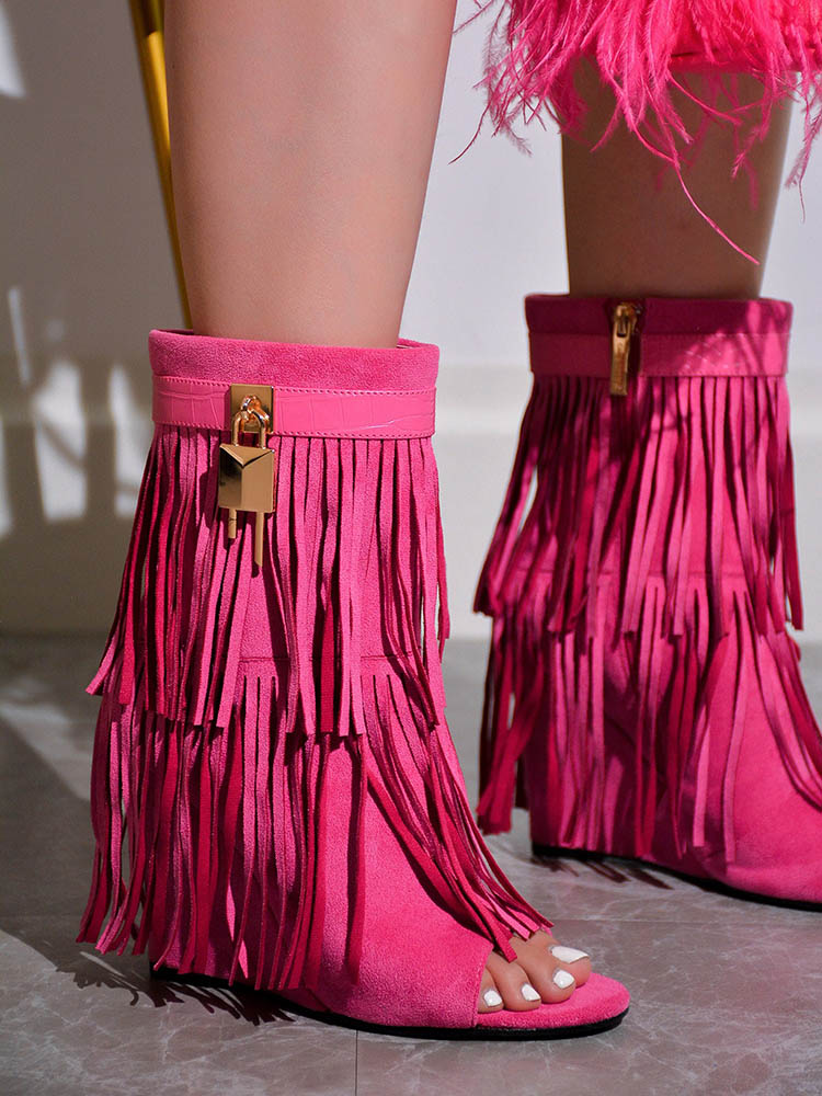 Fringe Open Toe Suede Boots Pink / 6