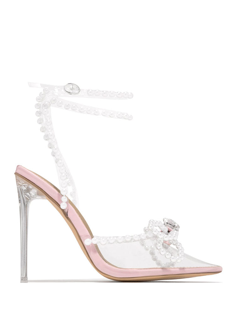 Pearl Bow Pointed Toe Heel Sandals White / 6