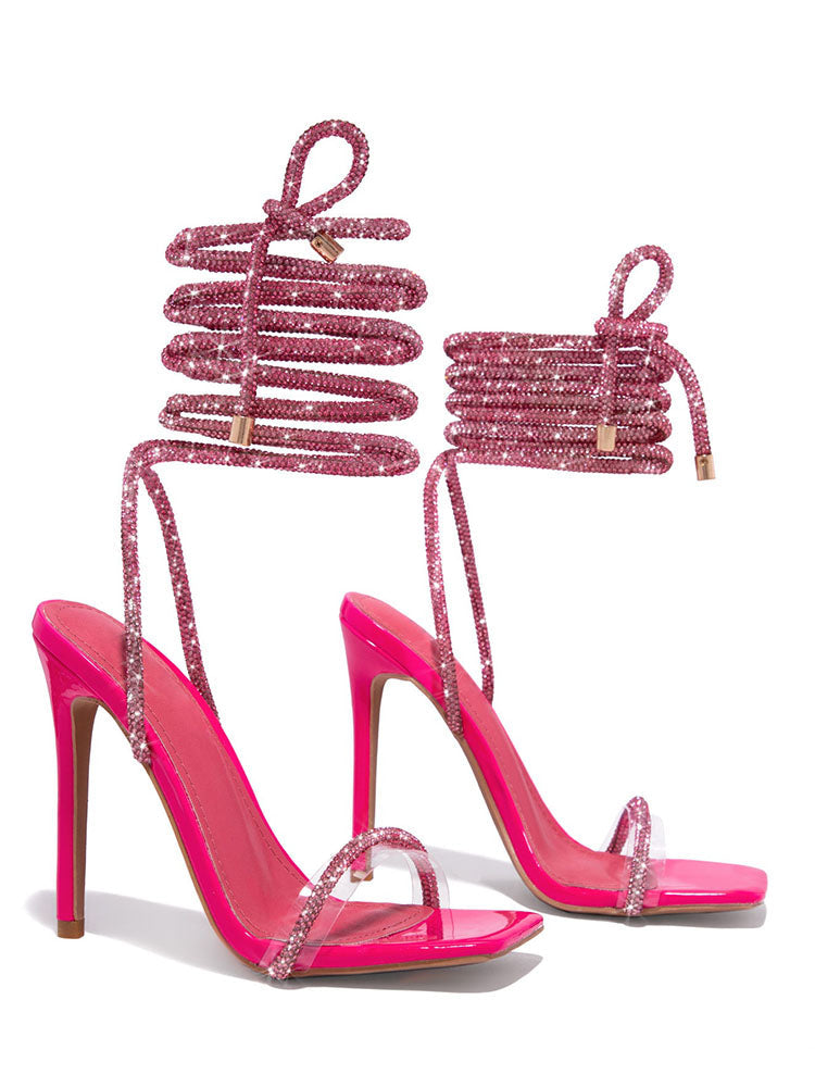 Rhinestone Ankle-Wrap High Heel Sandals Black / 6