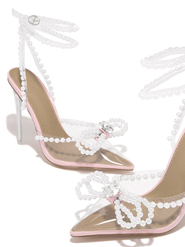 Pearl Bow Pointed Toe Heel Sandals White / 5/5.5