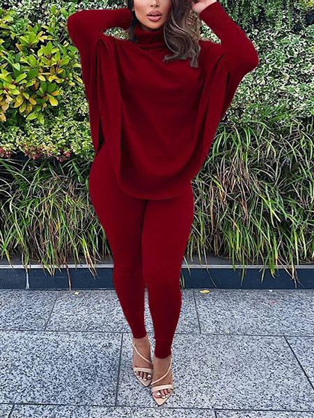 Batwing Sleeve Top & Skinny Pants Set Wine Red / L