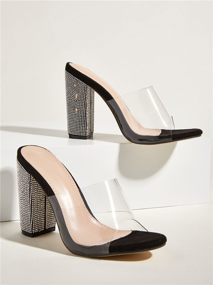 Rhinestones Transparent Chunky Heel Khaki / 8.5