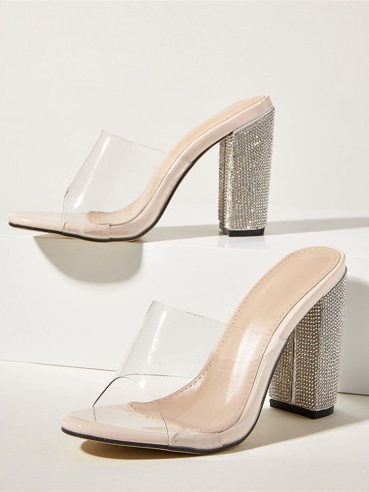 Rhinestones Transparent Chunky Heel Khaki / 6