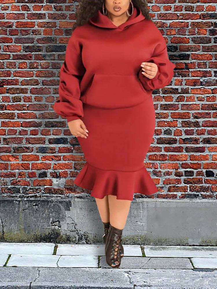 Hoodie Sweater Flounce Skirt Set Black / 5XL