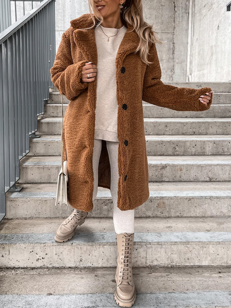 Solid Lapel Teddy Fur Long Coat Khaki / M