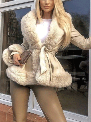 Fuzzy PU Leather Jacket with Belt Beige / M