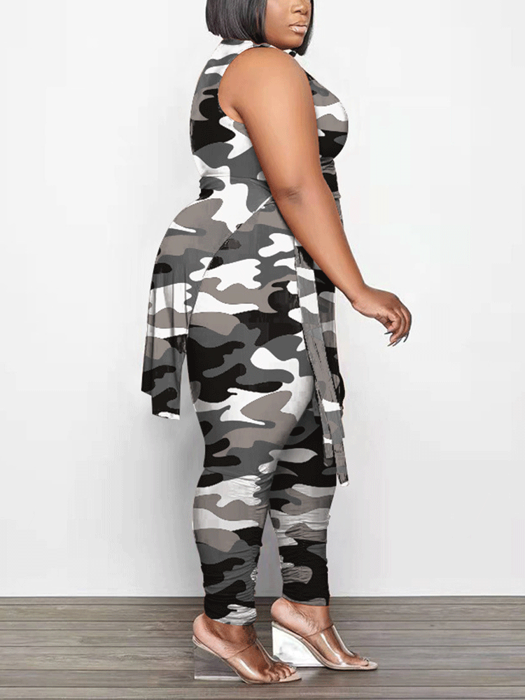 Camouflage Print Sleeveless Irregular Set Camo Green / 4XL